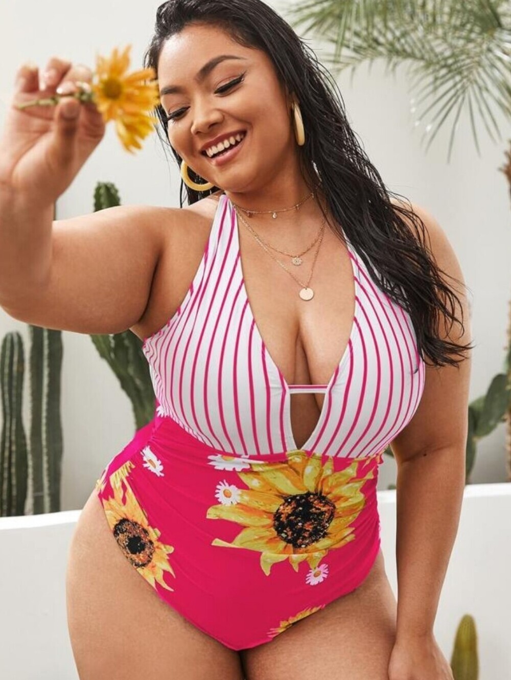 Shein Womens One Piece Sunflower Print Stripe Swimsuit XL